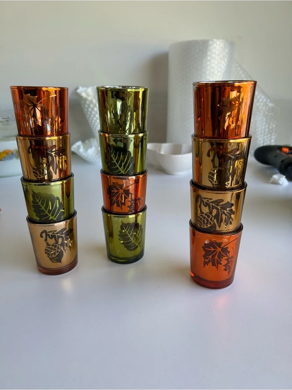 Vintage 12 ct Festive Fall tea light glass - Orange & Green